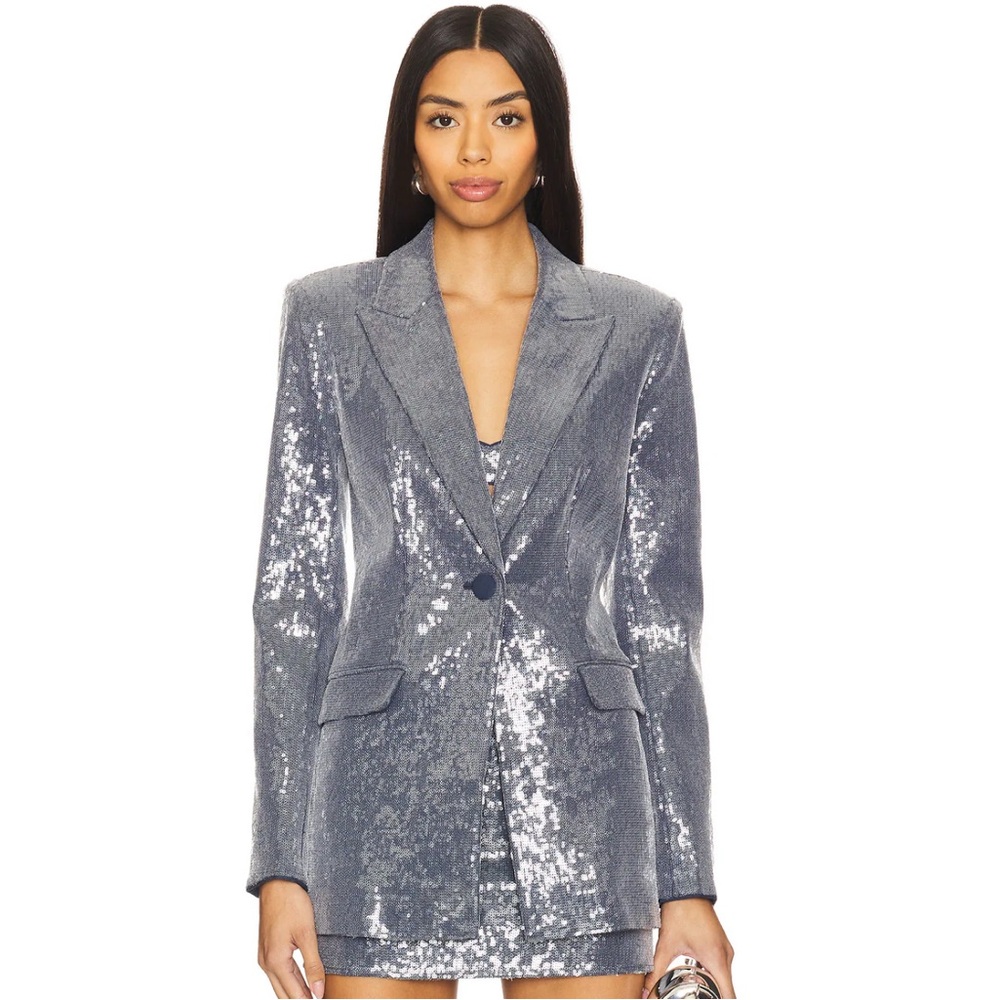 Glamorous Silver Sequin Blazer w/ midnight blue lining & details. Brand New / S.